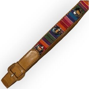 Handcrafted 36" Guatemalan Boho Leather Belt Colorful Woven Rainbow Pattern